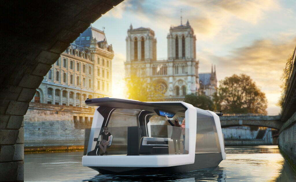 A render of the autonomous, electric, and 3D printed Ferry that will be used in 2024 in Paris.