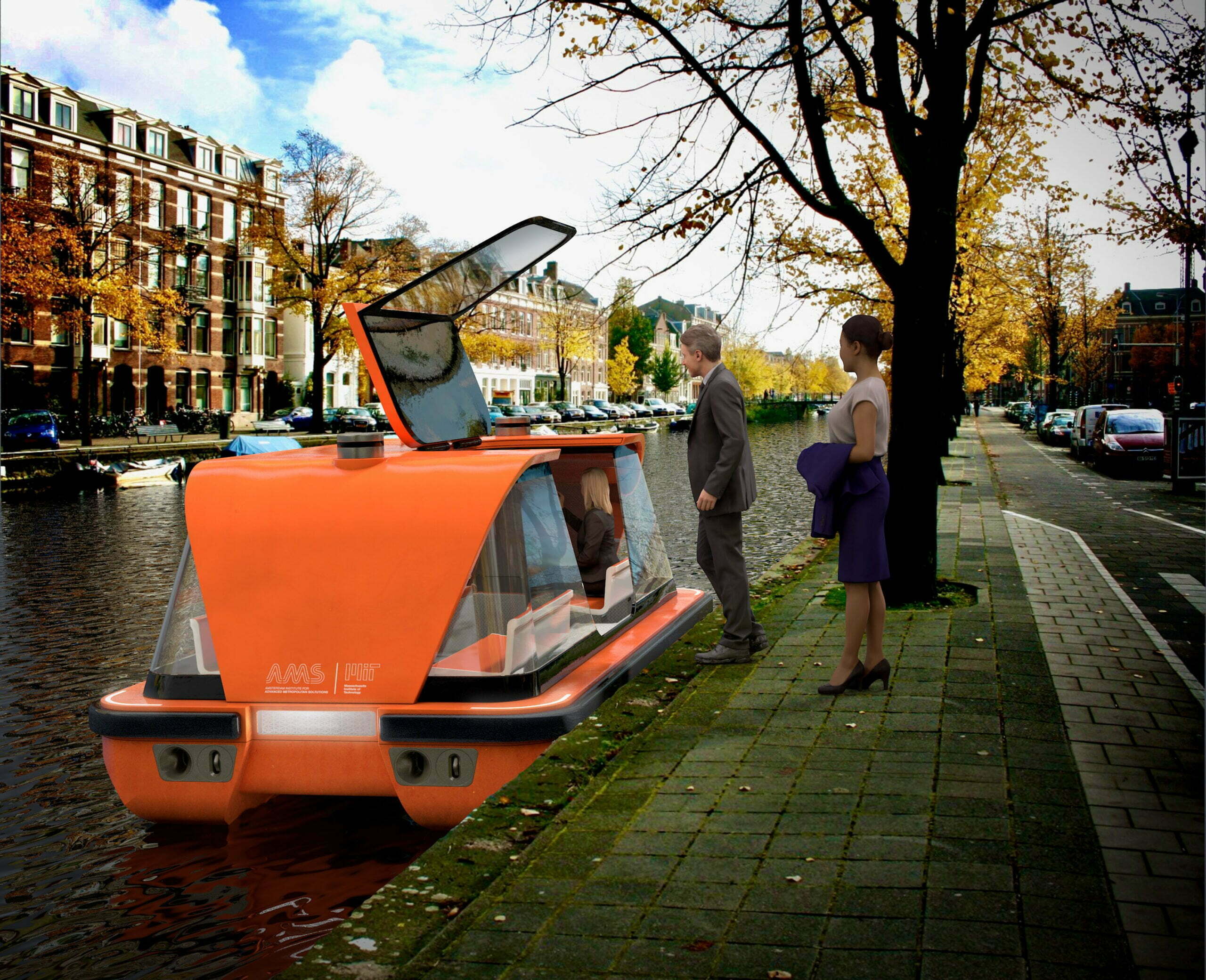 A concept render of a Roboat water taxi in Amsterdam